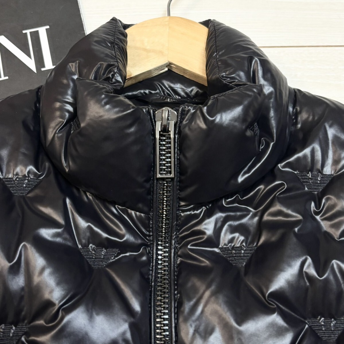 極美品/L(48)サイズ●EMPORIO ARMANI エンポリオアルマーニ ロゴエンボス ダブルジップ ダウンジャケット ブラック キルティング アウター_画像3