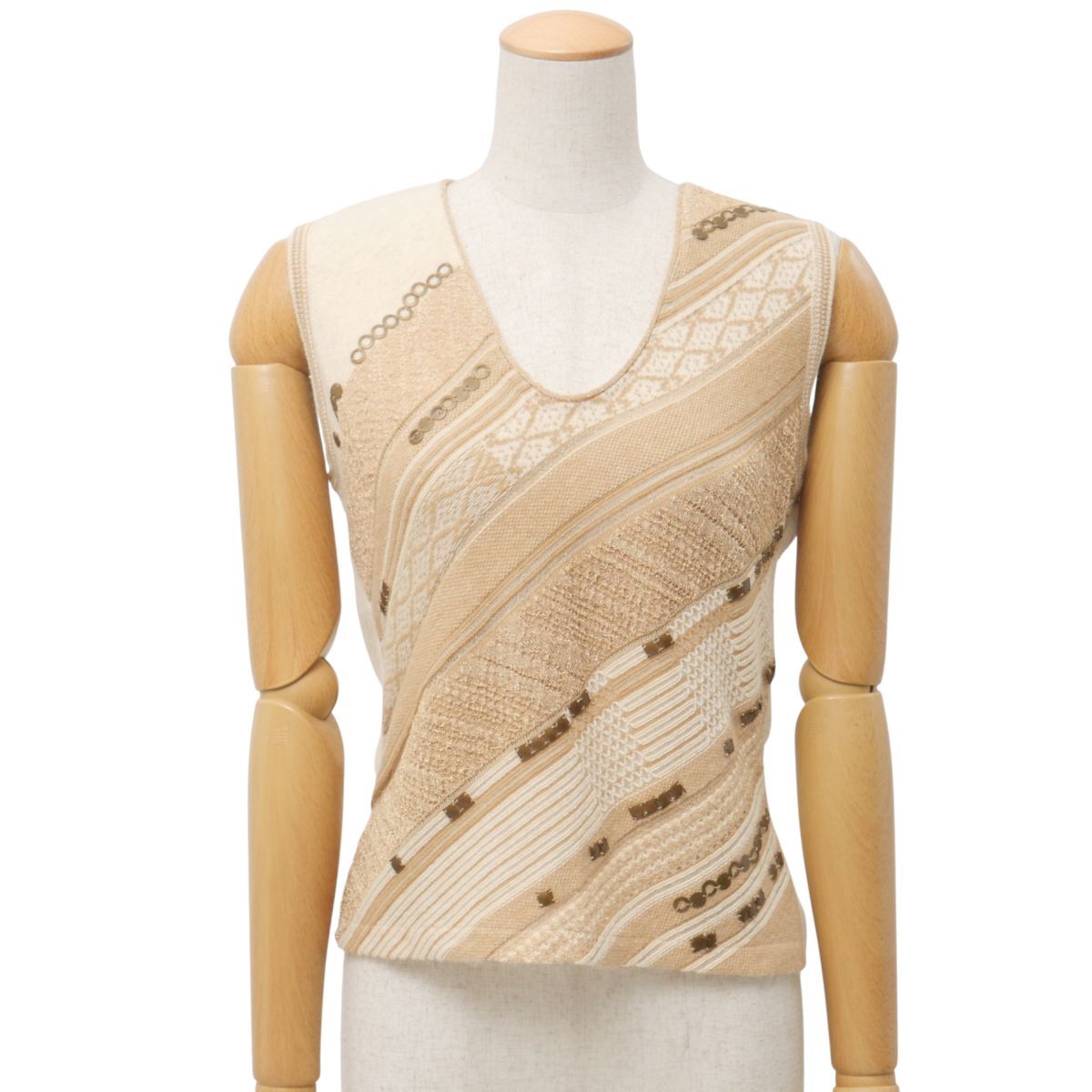 GS0124☆ケンゾージャングル KENZO JUNGLE ノースリーブ ニット セーター トップス Uネック ラメ糸 アイボリー×ベージュ S相当_画像1