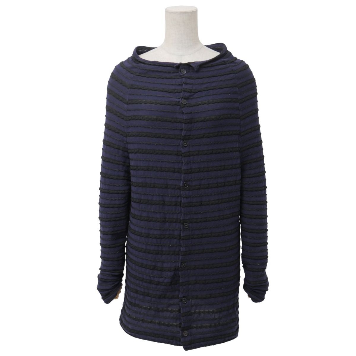 TJ5669☆ワイズ Y's ヨウジヤマモト ボーダー柄 ニット カーディガン ロング丈 長袖 ボートネック コットン混 パープル系 サイズ2_画像1