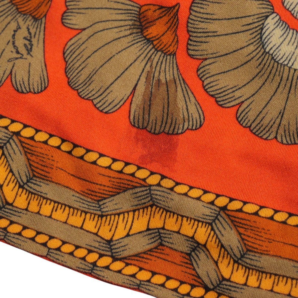 TJ4681=フランス製*レオナール/LEONARD Fashion*ヴィンテージ*総柄*ストレッチ*長袖ワンピース*オレンジ×レッド×ブラウン系_画像7