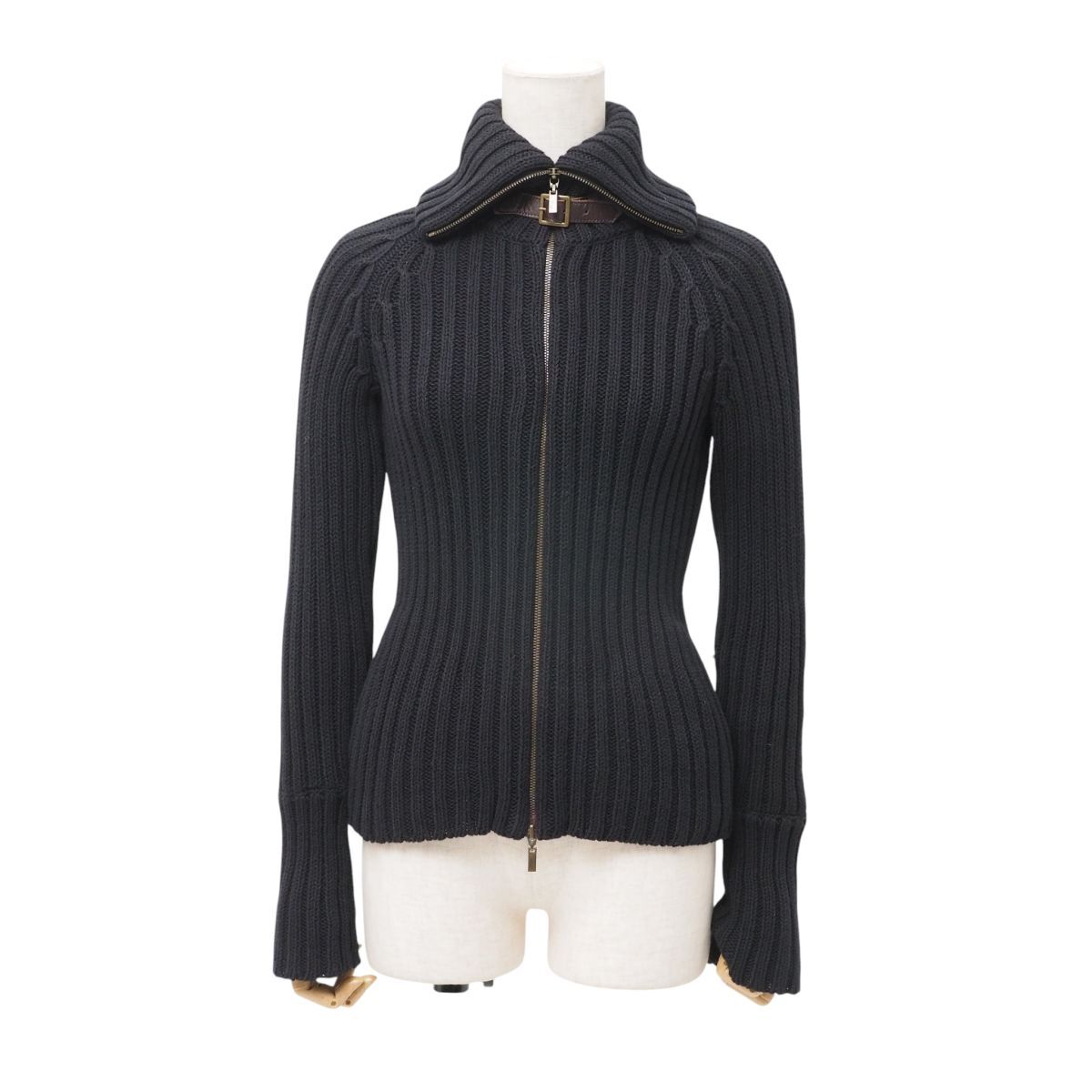 MH9793》FOXEY フォクシー ニット セーター ドライバーズニット Wジップ ジャケット コットン サイズ38 ブラック_画像1