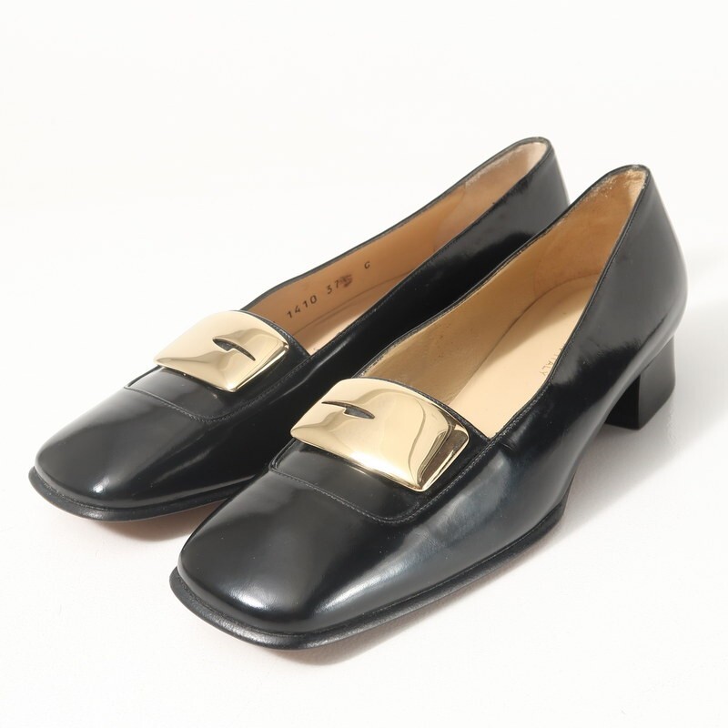 GS3934*イタリア製 VINTAGE GUCCI グッチ 37C(24cm相当) G金具 スクエアトゥ レザーパンプス 靴 ブラック_画像1