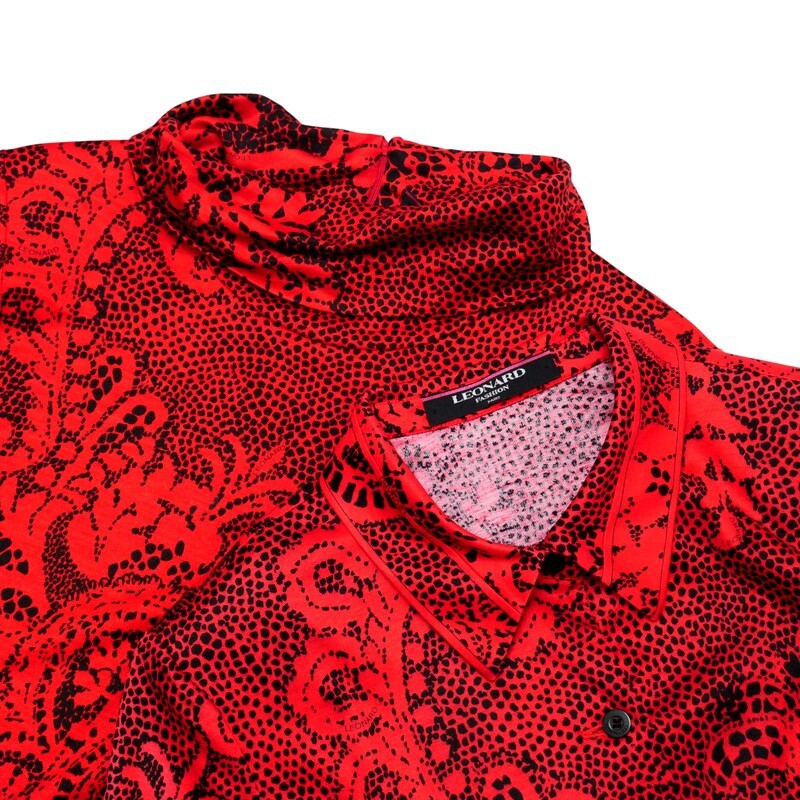 TJ5049#2点セット*レオナール*LEONARD*長袖シャツ+タートルネックカットソー*総柄*花柄*シルク混*コットン*レッド系*サイズM_画像3