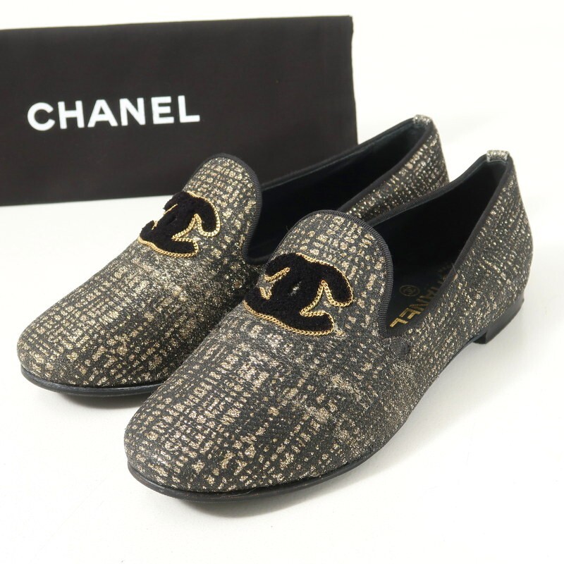 MH9442*イタリア制 CHANEL シャネル G32948 CC ココマーク ゴールドチェーン グリッター オペラシューズ 36.5(23.5cm相當(dāng)) 靴 ブラック系