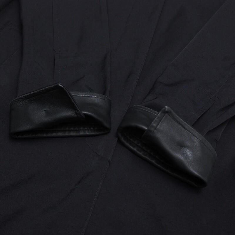 TJ5365〇ラルフローレン RALPH LAUREN*ステンカラーコート*シープレザートリム*ナイロン/コットン*ロングコート*サイズ7*ブラック