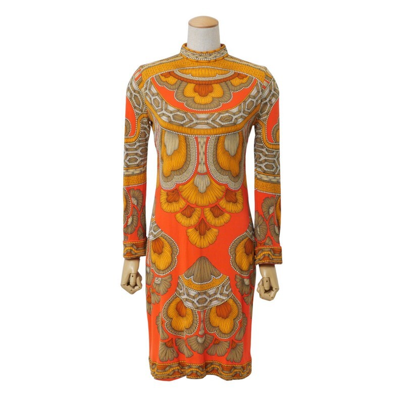 TJ4681=フランス製*レオナール/LEONARD Fashion*ヴィンテージ*総柄*ストレッチ*長袖ワンピース*オレンジ×レッド×ブラウン系_画像1