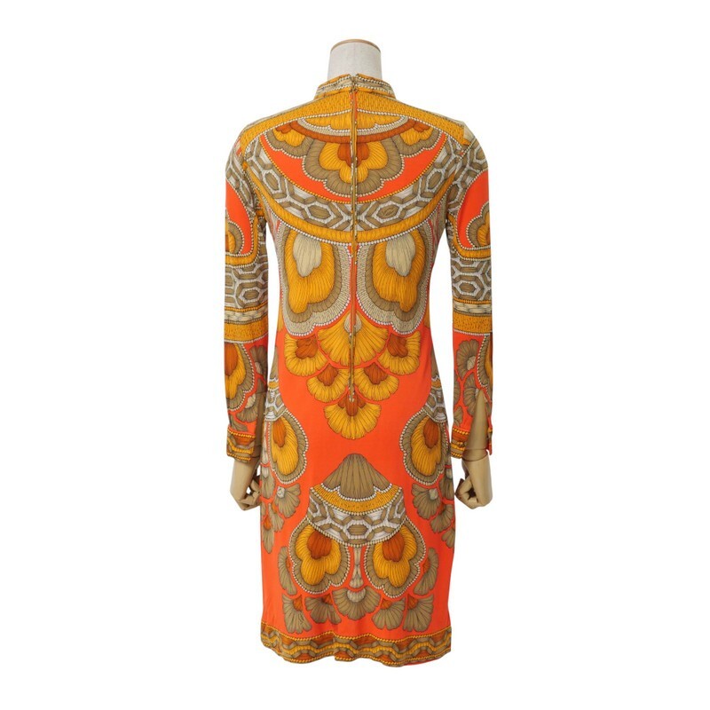 TJ4681=フランス製*レオナール/LEONARD Fashion*ヴィンテージ*総柄*ストレッチ*長袖ワンピース*オレンジ×レッド×ブラウン系_画像2