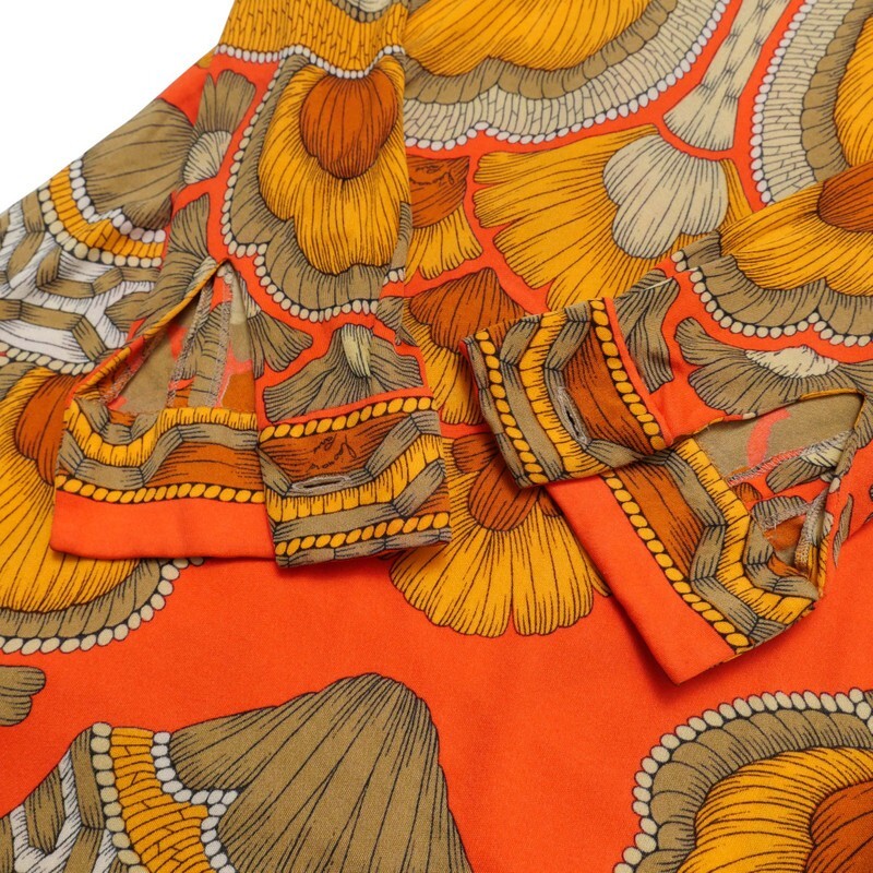 TJ4681=フランス製*レオナール/LEONARD Fashion*ヴィンテージ*総柄*ストレッチ*長袖ワンピース*オレンジ×レッド×ブラウン系_画像4