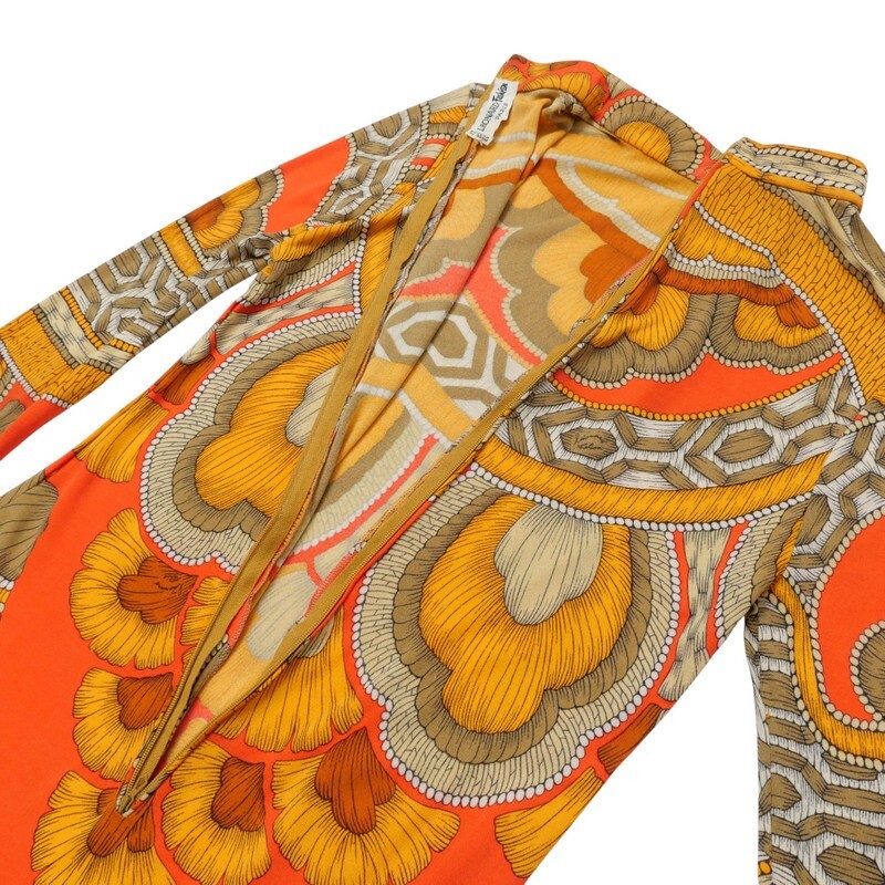 TJ4681=フランス製*レオナール/LEONARD Fashion*ヴィンテージ*総柄*ストレッチ*長袖ワンピース*オレンジ×レッド×ブラウン系_画像5