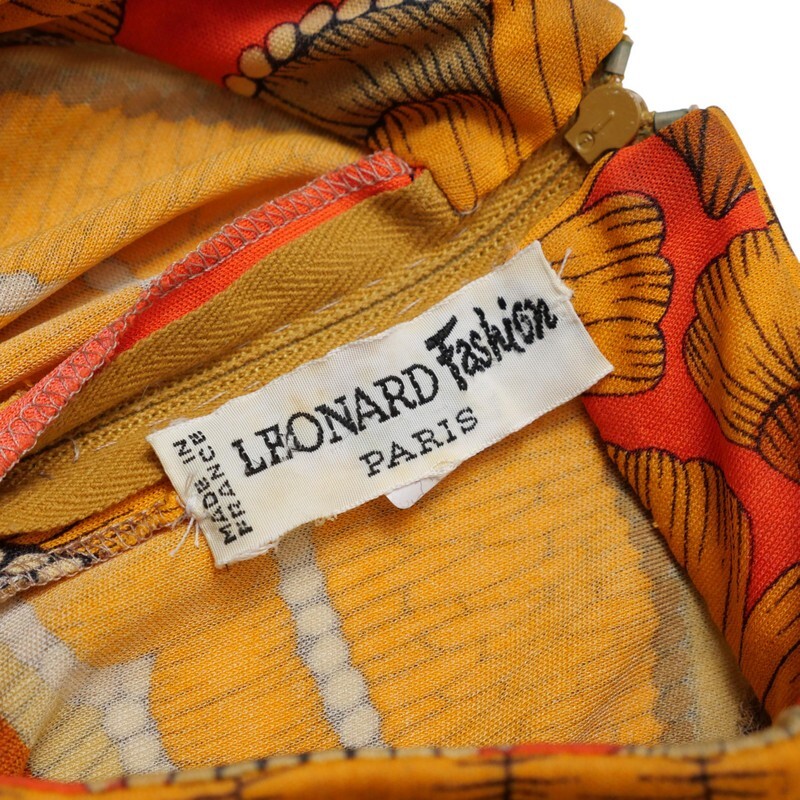 TJ4681=フランス製*レオナール/LEONARD Fashion*ヴィンテージ*総柄*ストレッチ*長袖ワンピース*オレンジ×レッド×ブラウン系_画像8