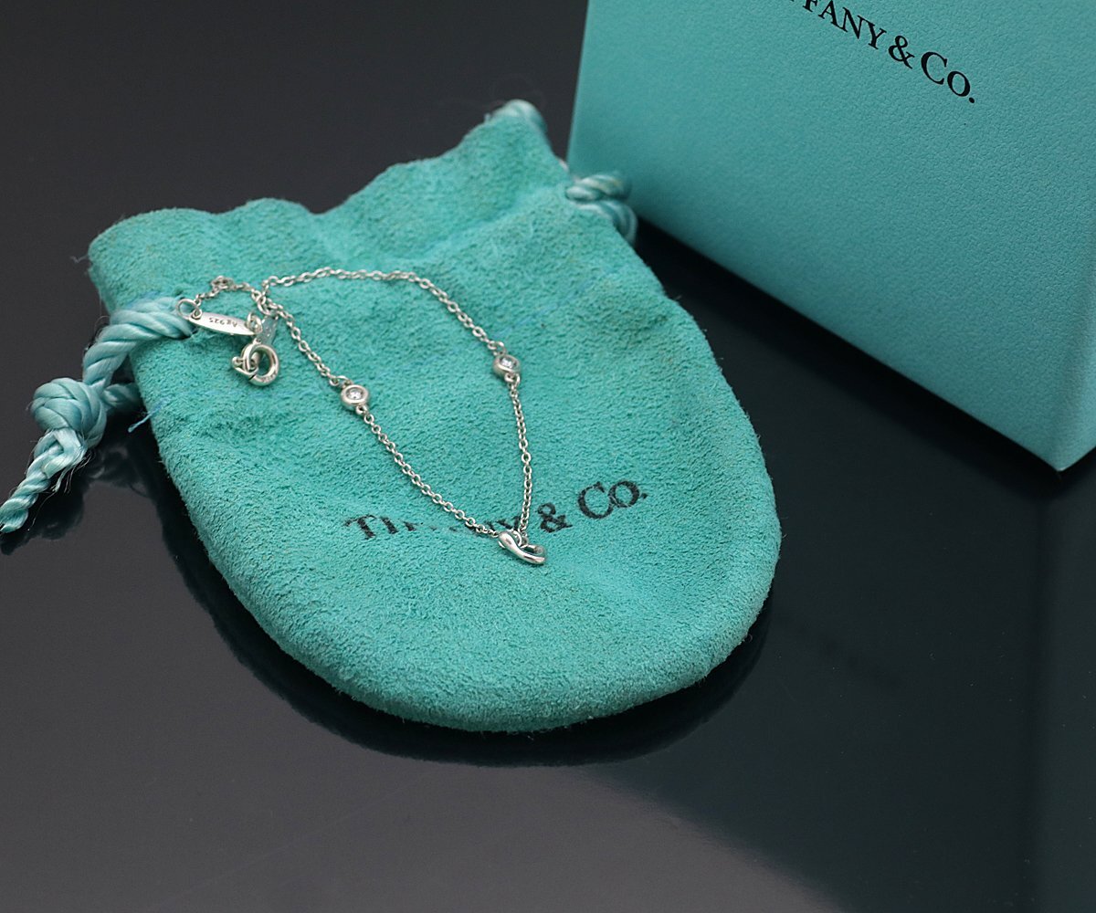 美品 Tiffany&Co. ティファニー バイザヤード ダイヤ オープンハート ブレスレット Sv925 0.06ct 18.5cm 箱保存袋 定価16.8萬