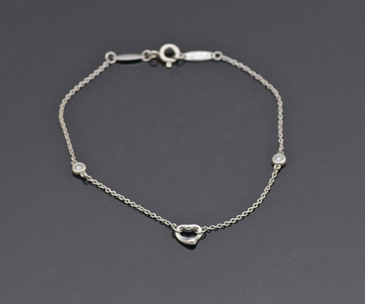 美品 Tiffany&Co. ティファニー バイザヤード ダイヤ オープンハート ブレスレット Sv925 0.06ct 18.5cm 箱保存袋 定価16.8萬