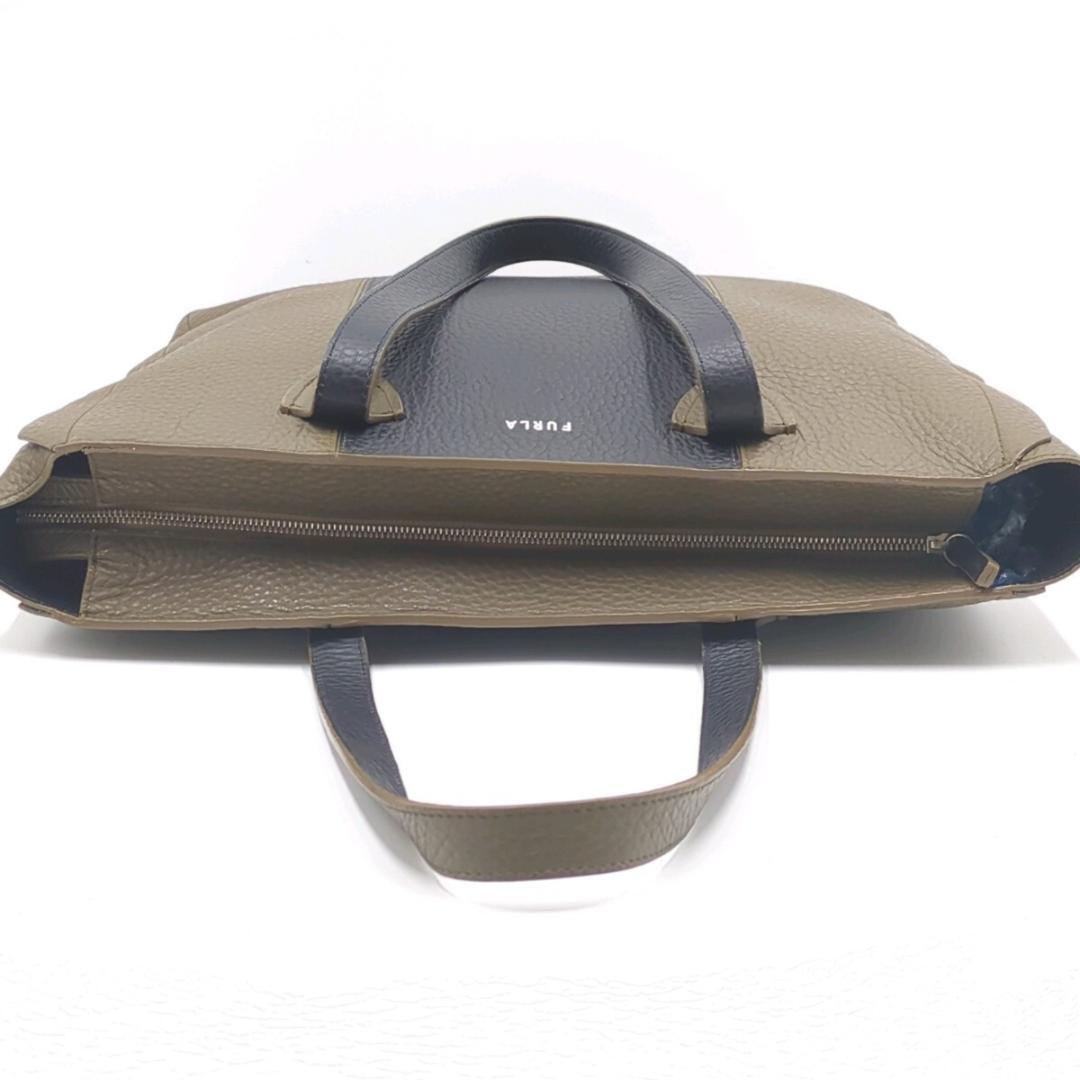 極美品/A4可◆ FURLA フルラ MAN ESSENTIAL トートバッグ バイカラー メンズ ビジネス 大容量 シボ革 レザー 肩掛け可 カーキ 通勤通学_画像5