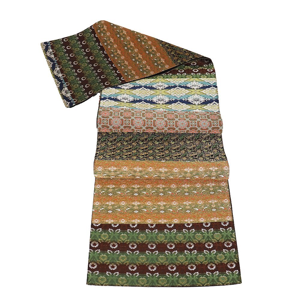 訪問着用 袋帯 正絹 きりばみ 緑 赤茶 金 オレンジ 赤紫 小豆色 紺 正倉院文様名物裂 唐花 華文 菱文 Mサイズ F8357 未使用品 送料無料_画像6