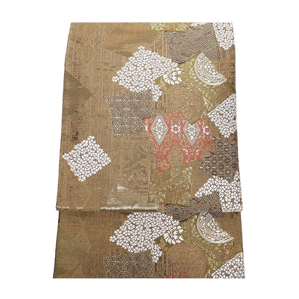 岡文織物謹製 礼装用 西陣織袋帯 正絹 緑 金 抹茶色 紫 白 華文 唐花 七宝文 桜菱文 金箔 色紙文 Lサイズ F8355 未使用品 送料無料_画像2