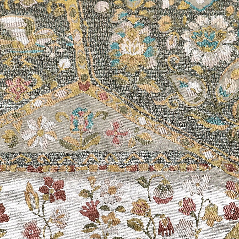 訪問着用 袋帯 正絹 緑 金茶 金 銀 パルメット唐草文様 唐花 鳳凰 Lサイズ F8359 美品 レディース シルク セミフォーマル 送料無料_画像3