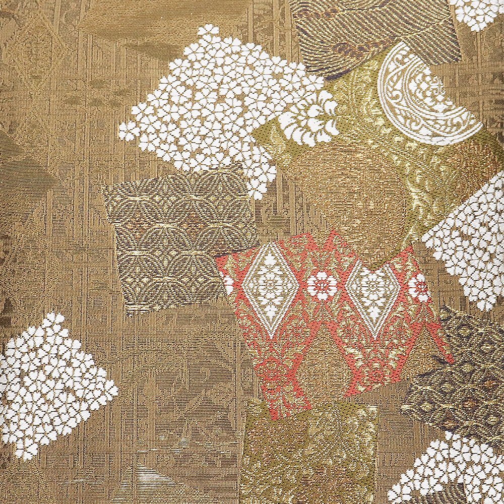 岡文織物謹製 礼装用 西陣織袋帯 正絹 緑 金 抹茶色 紫 白 華文 唐花 七宝文 桜菱文 金箔 色紙文 Lサイズ F8355 未使用品 送料無料_画像3