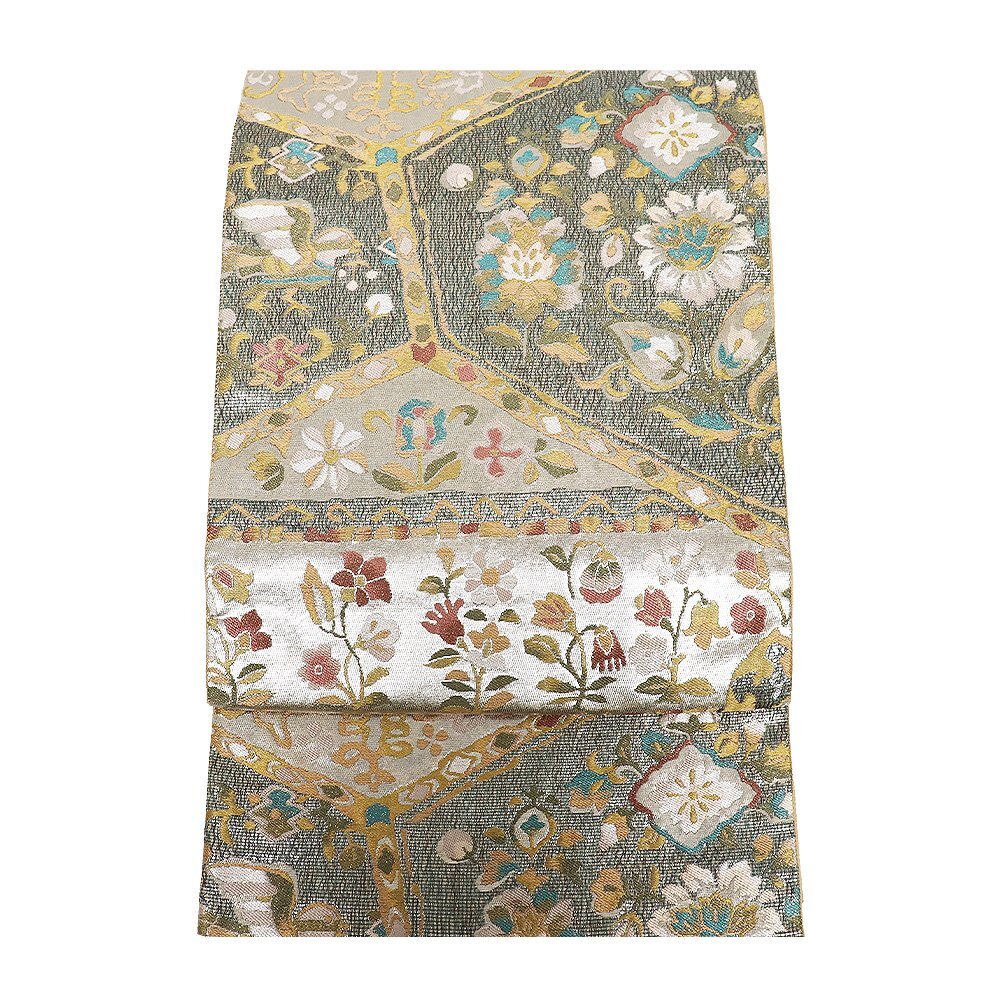 訪問着用 袋帯 正絹 緑 金茶 金 銀 パルメット唐草文様 唐花 鳳凰 Lサイズ F8359 美品 レディース シルク セミフォーマル 送料無料_画像2