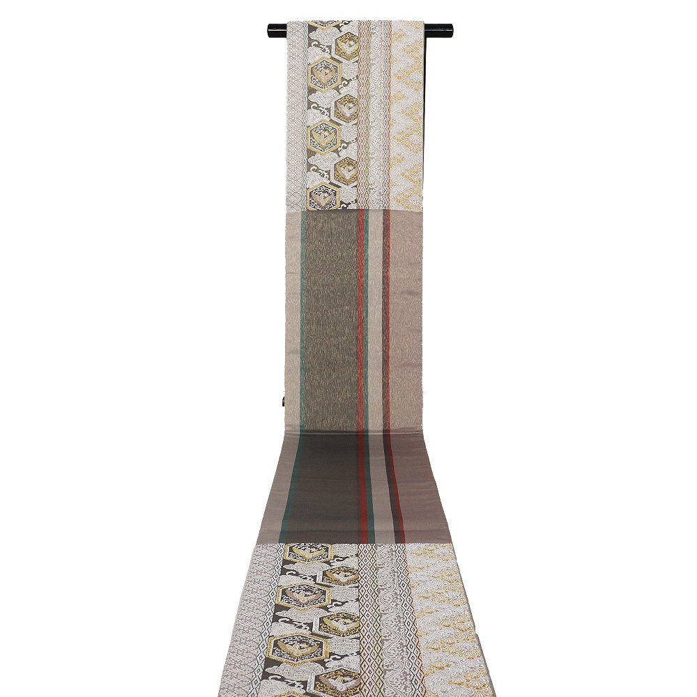 伝統工芸士 鳥元龍男 御倉蘭組 礼装用 袋帯 正絹 緑 グレー 白 金 銀 花喰鳥 華文 七宝文 菱文 Sサイズ F8362 美品 フォーマル 送料無料_画像6