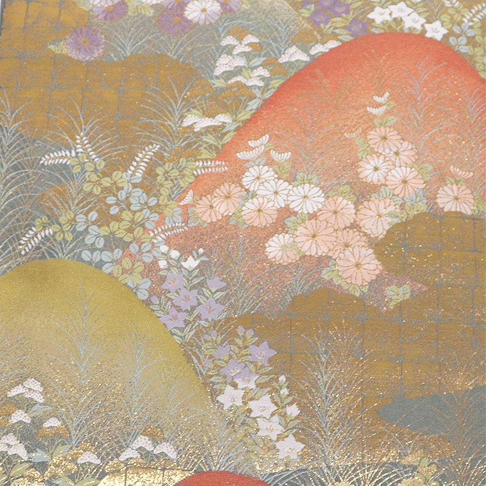 本場筑前博多織 訪問着用 佐賀錦袋帯 正絹 山煤号了想 勝三照 朱色 緑 金箔 遠山 大王松 菊 桔梗 南天 Lサイズ F8361 美品 送料込み_画像3