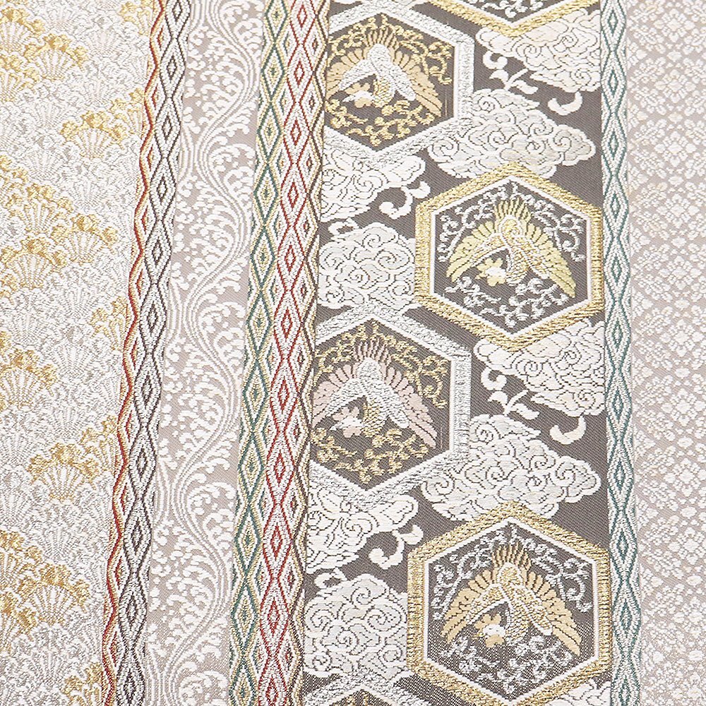 伝統工芸士 鳥元龍男 御倉蘭組 礼装用 袋帯 正絹 緑 グレー 白 金 銀 花喰鳥 華文 七宝文 菱文 Sサイズ F8362 美品 フォーマル 送料無料_画像3