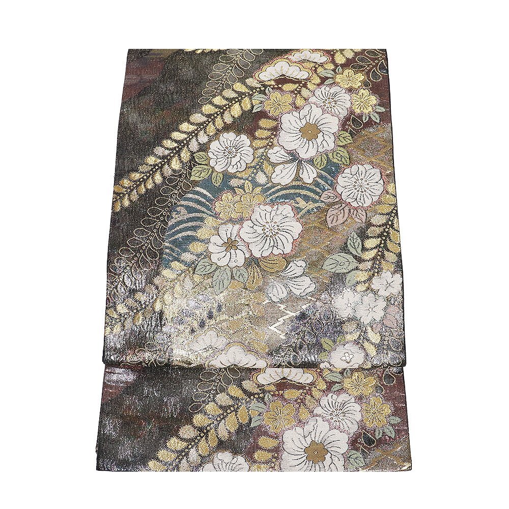 訪問着用 袋帯 正絹 緑 金箔 赤紫 辻が花 桜 松竹梅 Mサイズ F8374 未使用品 レディース ギフト フォーマル 30代 40代 50代 送料無料_画像2
