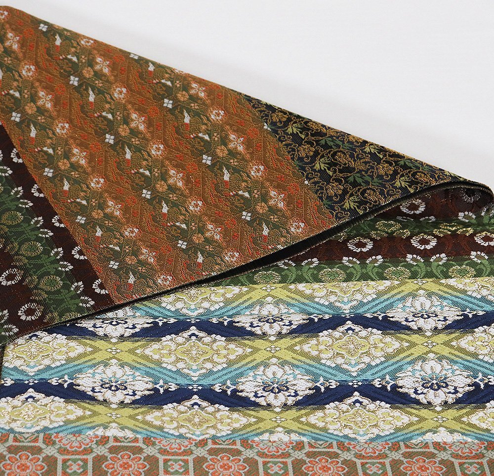 訪問着用 袋帯 正絹 きりばみ 緑 赤茶 金 オレンジ 赤紫 小豆色 紺 正倉院文様名物裂 唐花 華文 菱文 Mサイズ F8357 未使用品 送料無料_画像9