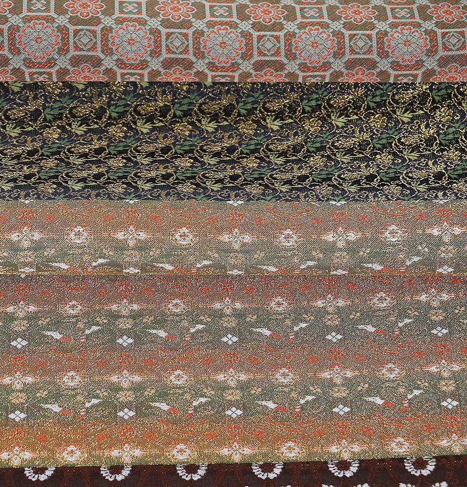 訪問着用 袋帯 正絹 きりばみ 緑 赤茶 金 オレンジ 赤紫 小豆色 紺 正倉院文様名物裂 唐花 華文 菱文 Mサイズ F8357 未使用品 送料無料_画像7