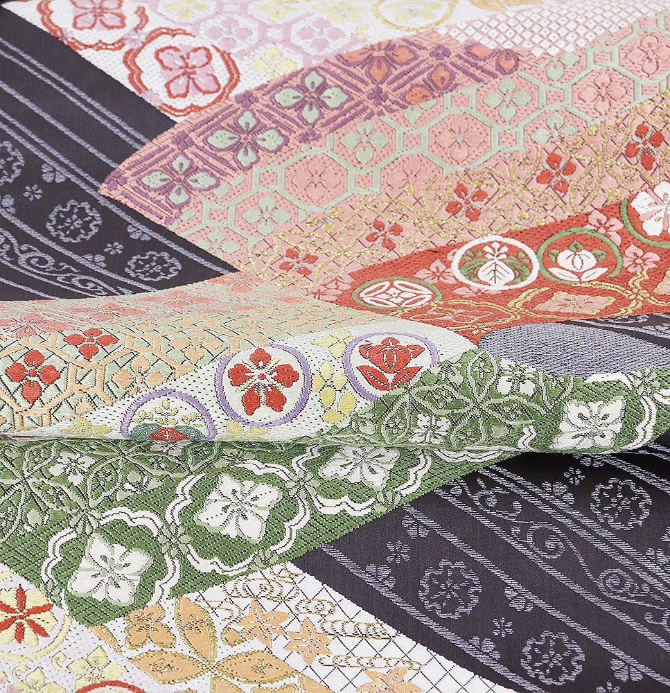 礼装用 袋帯 正絹 紫 緑 グレー ピンク 薄茶 薄紫 オレンジ 誰袖文 華文 花菱 七宝文 松竹梅 Lサイズ F8366 未使用品 フォーマル 送料無料_画像8