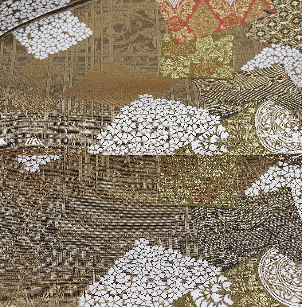岡文織物謹製 礼装用 西陣織袋帯 正絹 緑 金 抹茶色 紫 白 華文 唐花 七宝文 桜菱文 金箔 色紙文 Lサイズ F8355 未使用品 送料無料_画像8