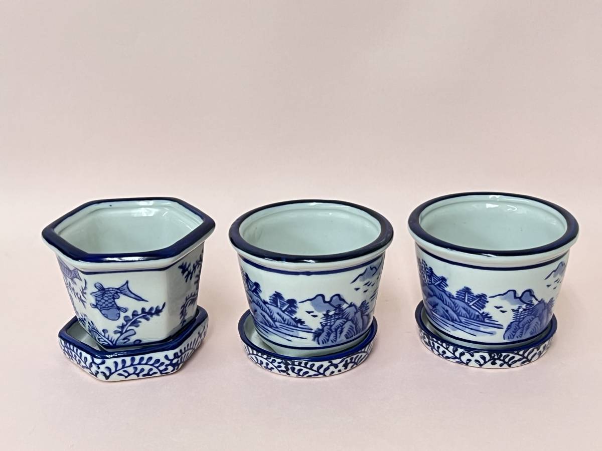 陶器 【皿付き 植木鉢 十二点セット】 染付 盆栽 植物 多肉 庭園 お庭 人気 訳有り_画像4