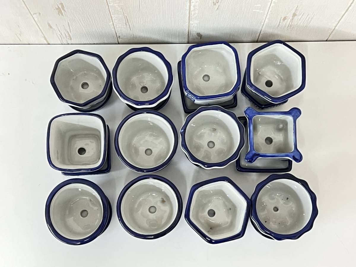 陶器 【皿付き 植木鉢 十二点セット】 染付 盆栽 植物 多肉 庭園 お庭 人気 訳有り_画像7