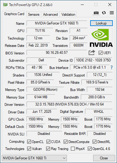 DELL NVIDIA Geforce GTX1660Ti メモリ：DDR6_6GB