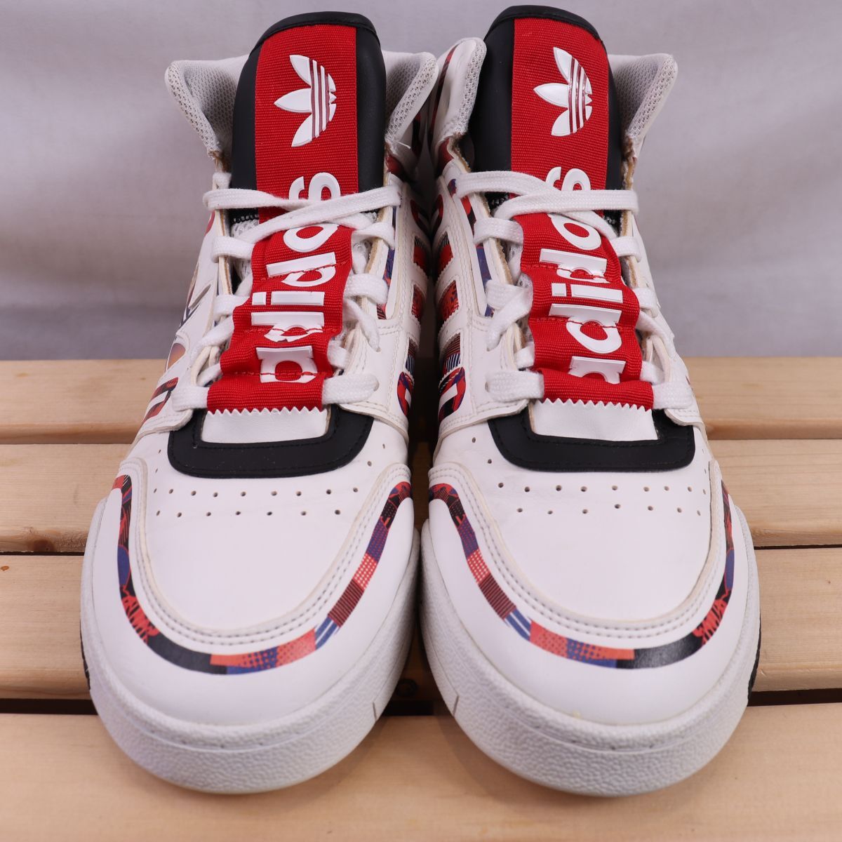 z2740 アディダス ドロップ ステップ XL US9 27.0cm/白 ホワイト 赤 黒 柄 adidas DROP STEP XL メンズ スニーカー 中古_画像2