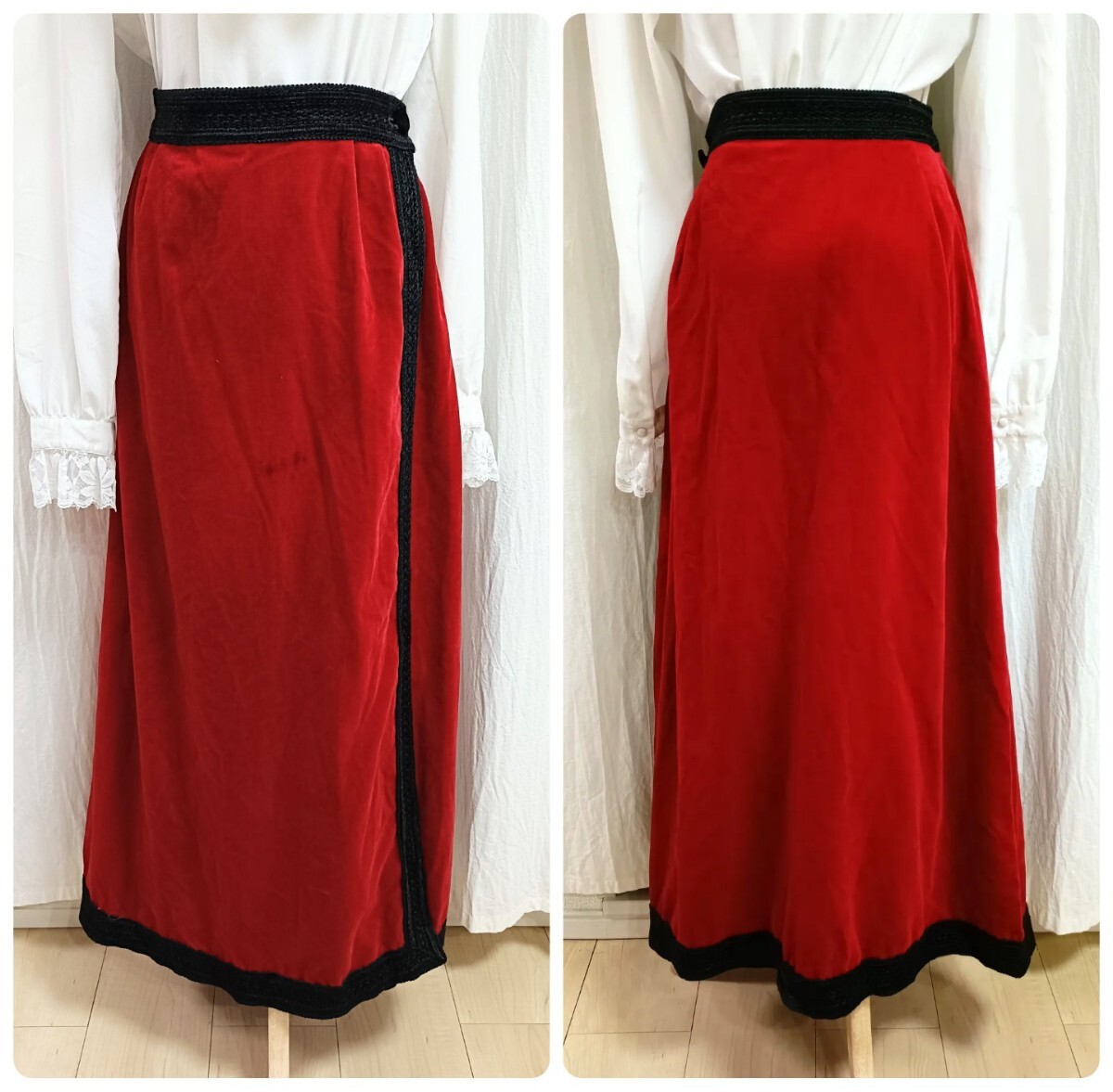 ヴィンテージ ベルベット巻きスカート アンティーク フォークロア マキシ丈 赤 Vivante フォークロア ラップスカート クラシカル 古着_画像7