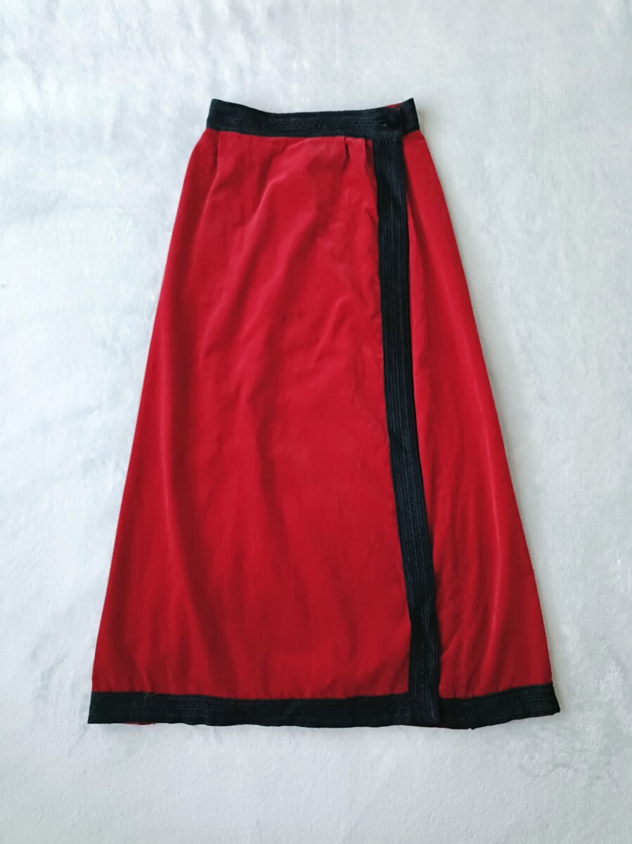 ヴィンテージ ベルベット巻きスカート アンティーク フォークロア マキシ丈 赤 Vivante フォークロア ラップスカート クラシカル 古着_画像1