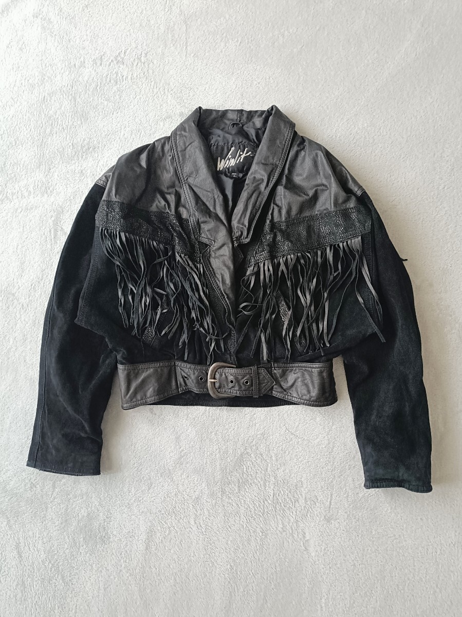 レザージャケット フリンジ ブラック スエード ヴィンテージ アメリカ古着 ライダース ウエスタン USA 本革 ベルト アメカジ ライダース M_画像2