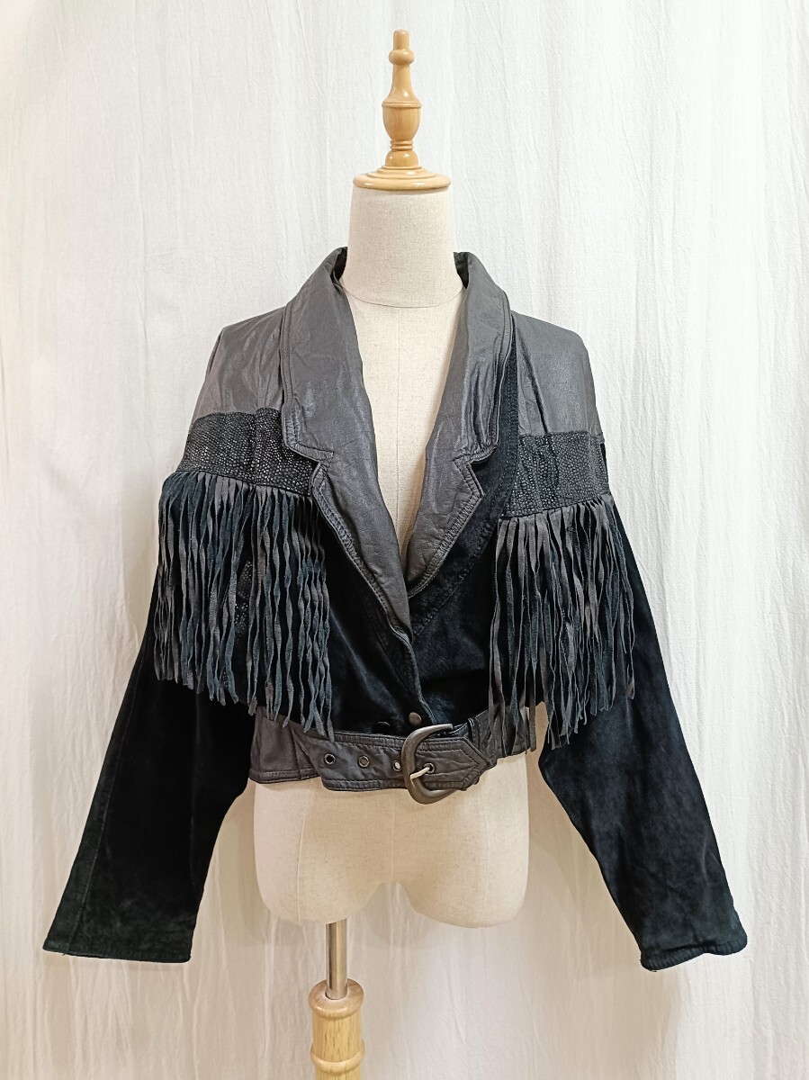 レザージャケット フリンジ ブラック スエード ヴィンテージ アメリカ古着 ライダース ウエスタン USA 本革 ベルト アメカジ ライダース M_画像8
