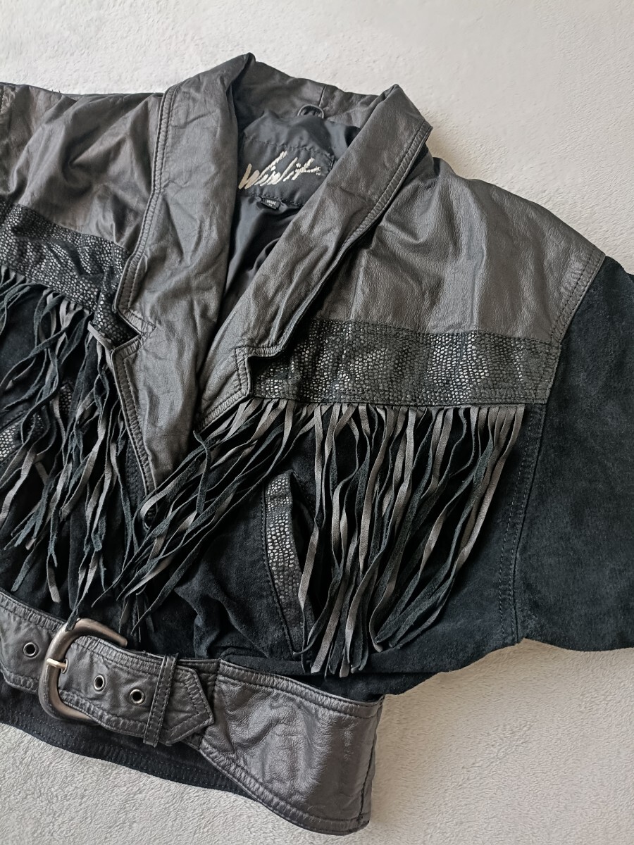 レザージャケット フリンジ ブラック スエード ヴィンテージ アメリカ古着 ライダース ウエスタン USA 本革 ベルト アメカジ ライダース M_画像1