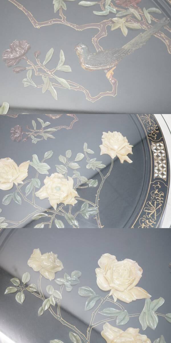 東ハ:【中国美術家具】螺鈿細工 石細工装飾 花鳥図 センターテーブル 幅約81㎝ 高さ約52㎝ ガラス天板付 丸テーブル 円卓 ローテーブル_画像5