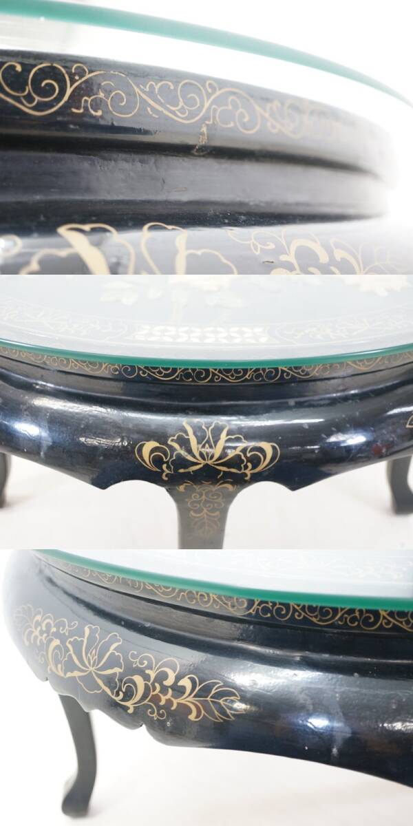 東ハ:【中国美術家具】螺鈿細工 石細工装飾 花鳥図 センターテーブル 幅約81㎝ 高さ約52㎝ ガラス天板付 丸テーブル 円卓 ローテーブル_画像9