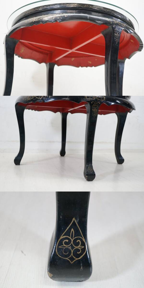 東ハ:【中国美術家具】螺鈿細工 石細工装飾 花鳥図 センターテーブル 幅約81㎝ 高さ約52㎝ ガラス天板付 丸テーブル 円卓 ローテーブル_画像7