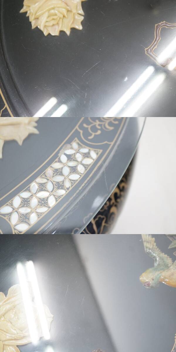 東ハ:【中国美術家具】螺鈿細工 石細工装飾 花鳥図 センターテーブル 幅約81㎝ 高さ約52㎝ ガラス天板付 丸テーブル 円卓 ローテーブル_画像8