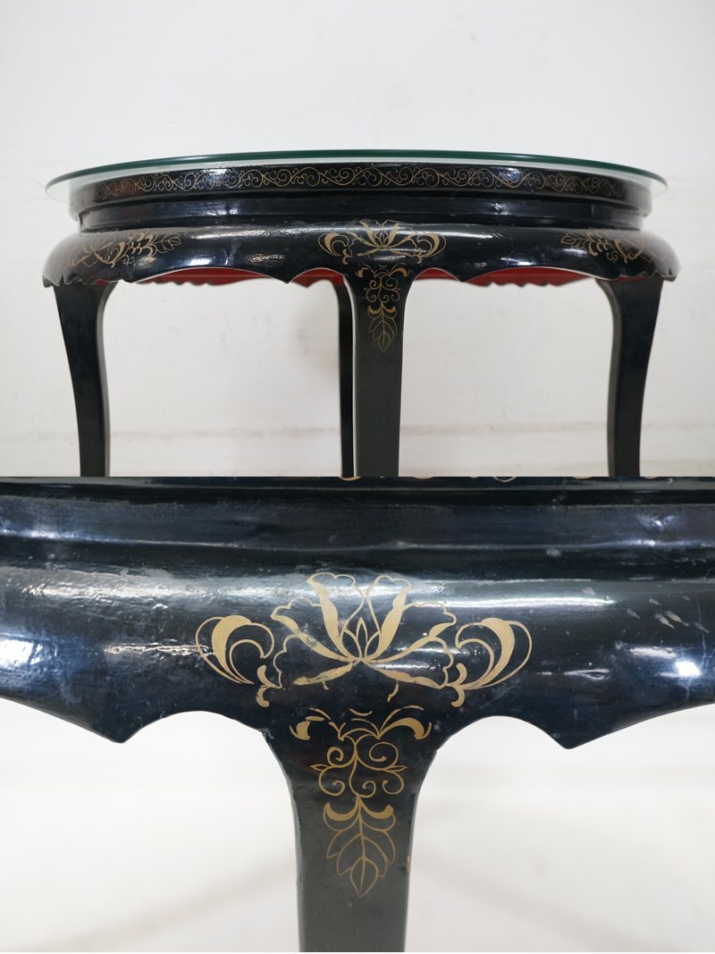 東ハ:【中国美術家具】螺鈿細工 石細工装飾 花鳥図 センターテーブル 幅約81㎝ 高さ約52㎝ ガラス天板付 丸テーブル 円卓 ローテーブル_画像6