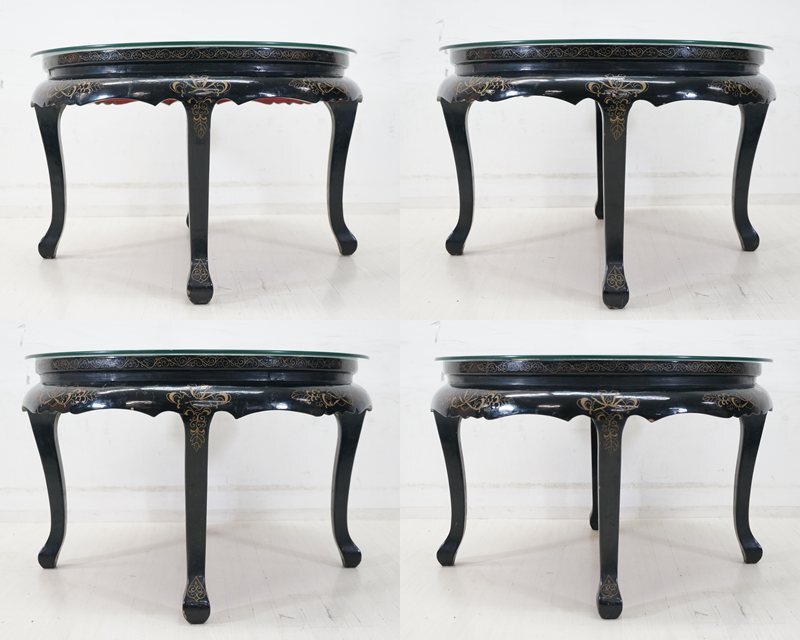 東ハ:【中国美術家具】螺鈿細工 石細工装飾 花鳥図 センターテーブル 幅約81㎝ 高さ約52㎝ ガラス天板付 丸テーブル 円卓 ローテーブル_画像2