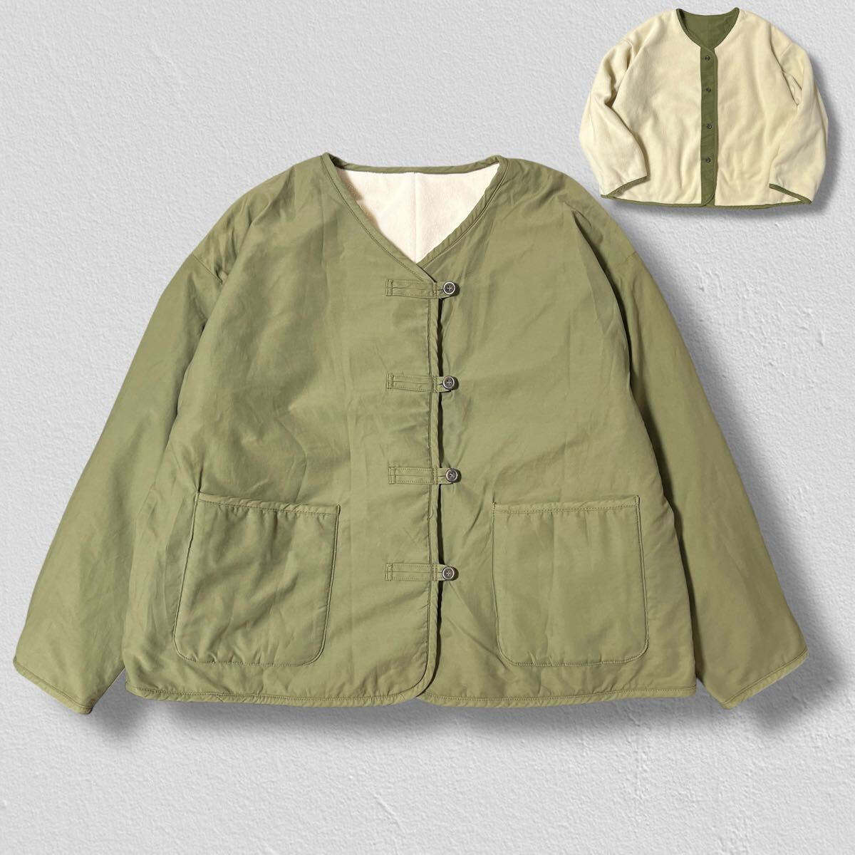 Samansa Mos2 2WAY リバーシブルキルティングボアジャケット カーキ×アイボリー フリーサイズ ●洗濯プレス済●サマンサモスモス 古着/711_画像1