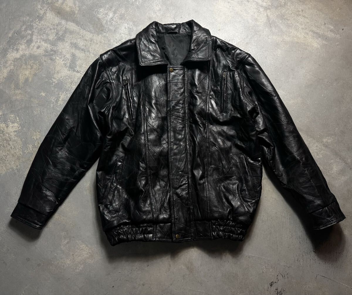 unknown 90s パッチワーク 加工 シープ レザー ブルゾン ブラック メンズ XL 相当 羊革 本革 黒 ジャケット ライダース 90年代 古着_画像2