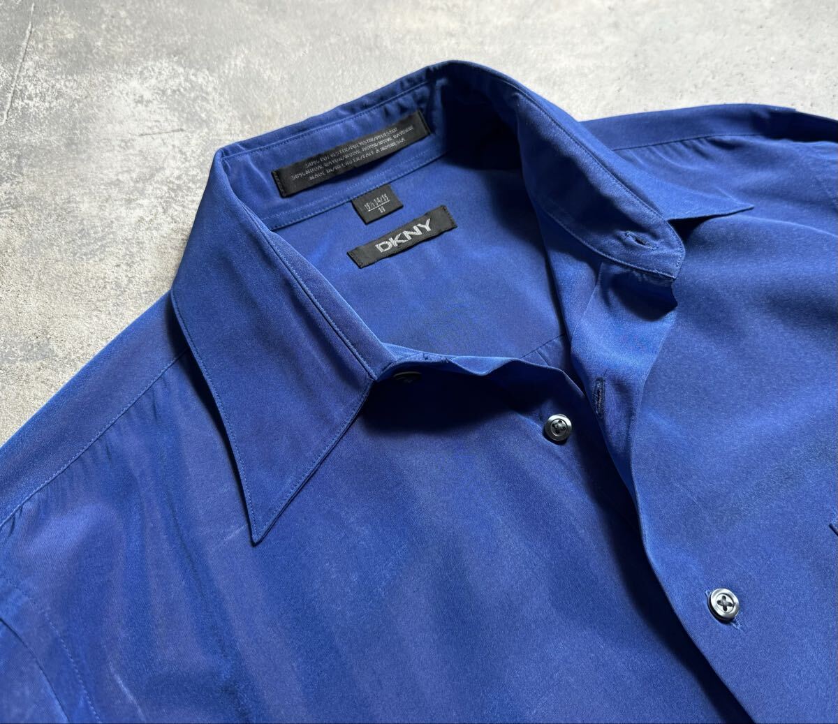 美品 希少 DKNY 90s 00s シャイニング ブルー レーヨン ポリ 混紡 ドレス シャツ 39 メンズ L XL 相当 Donna Karan ダナキャラン 光沢 _画像8
