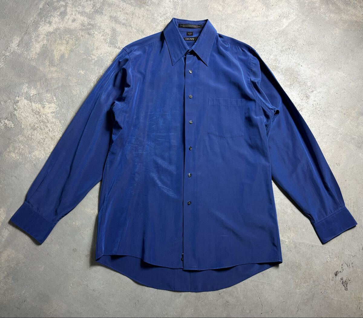美品 希少 DKNY 90s 00s シャイニング ブルー レーヨン ポリ 混紡 ドレス シャツ 39 メンズ L XL 相当 Donna Karan ダナキャラン 光沢 _画像2