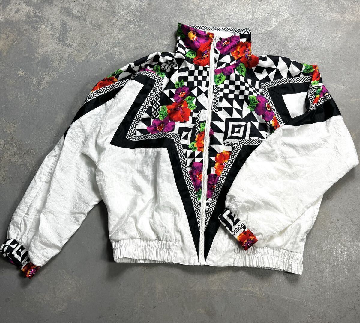 希少 LILY'S 80s vintage USA製 総柄 切り替え ブルゾン ユニセックス M 花柄 幾何学 ドルマン 80年代 アメリカ製 古着 ホワイト ブラック_画像1